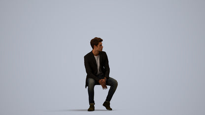 3D people model man casual sitting, scanned human for 3ds Max rendering, side view render