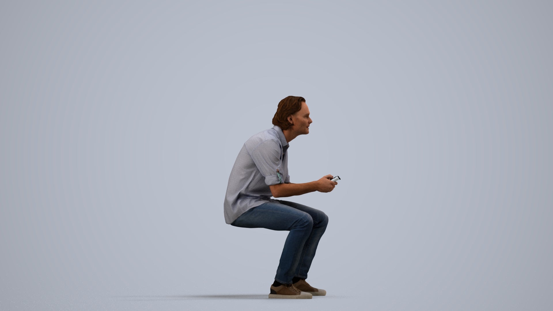 photogrammetry 3D man casual sitting, realistic human model archviz FBX, side view render