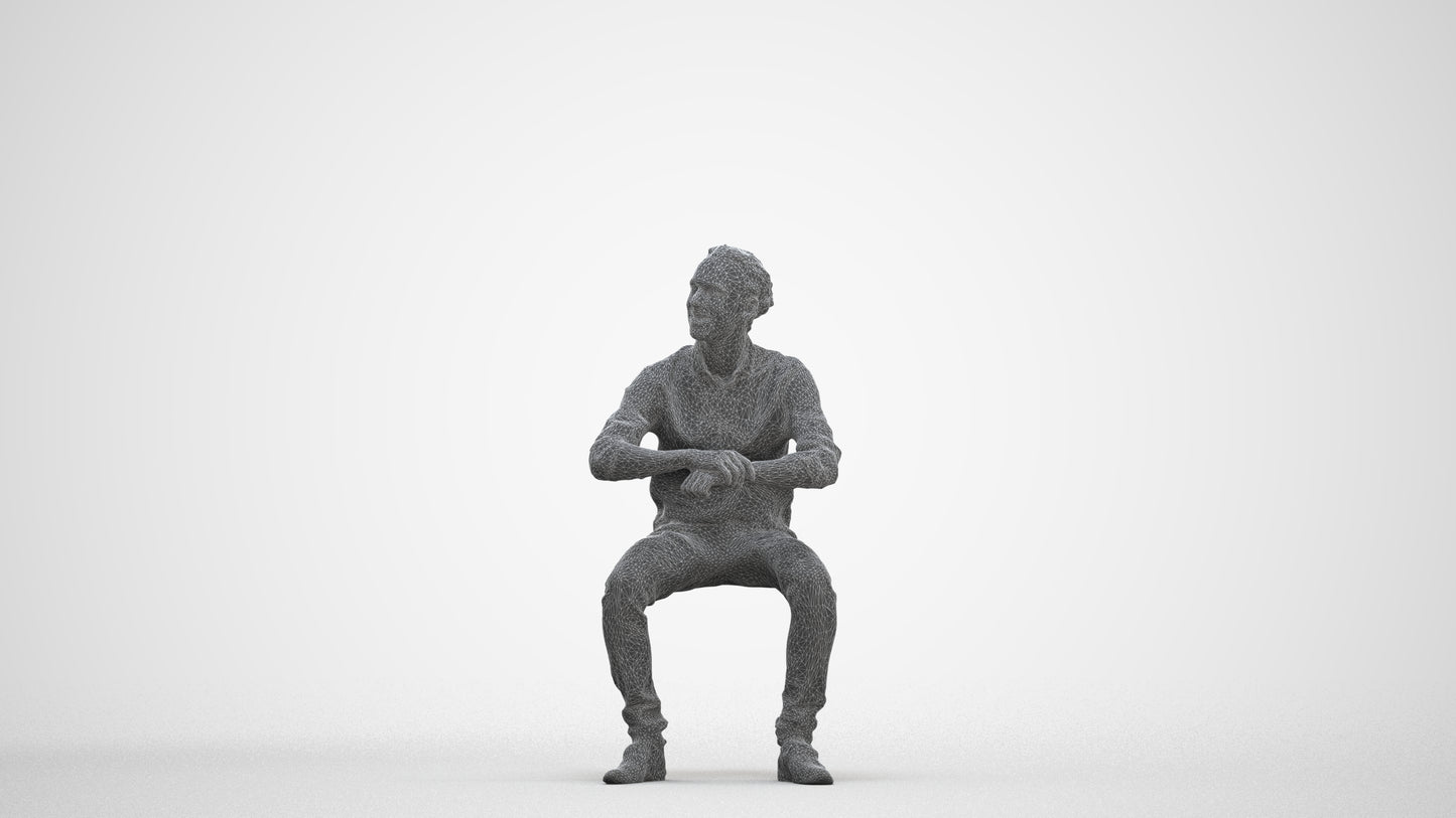 3D human model man casual sitting, photogrammetry scanned person for archviz, three-quarter front view render
