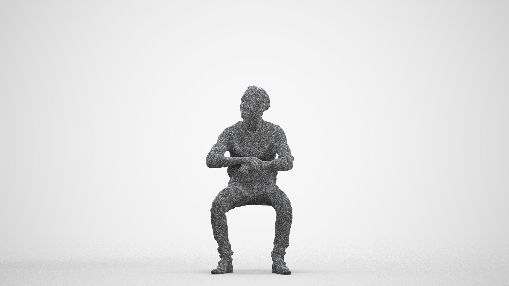 3D human model man casual sitting, photogrammetry scanned person for archviz, three-quarter front view render