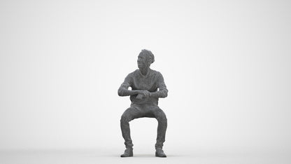3D human model man casual sitting, photogrammetry scanned person for archviz, three-quarter front view render
