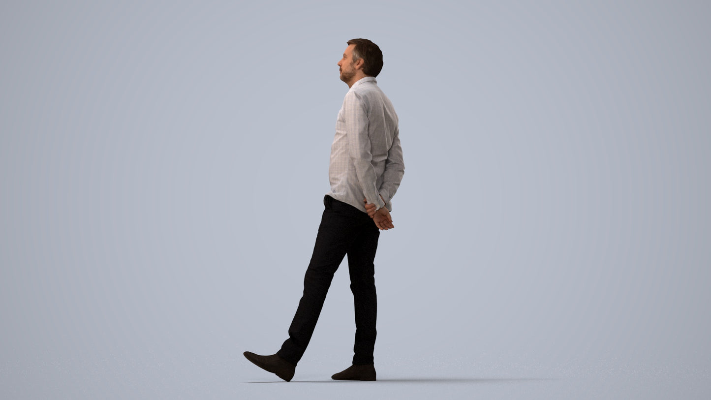 photogrammetry 3D man business standing, realistic human model archviz FBX, three-quarter view render