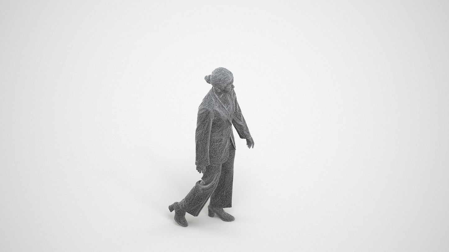 3D scanned woman standing business, photorealistic archviz people for Enscape and SketchUp, wireframe three-quarter view