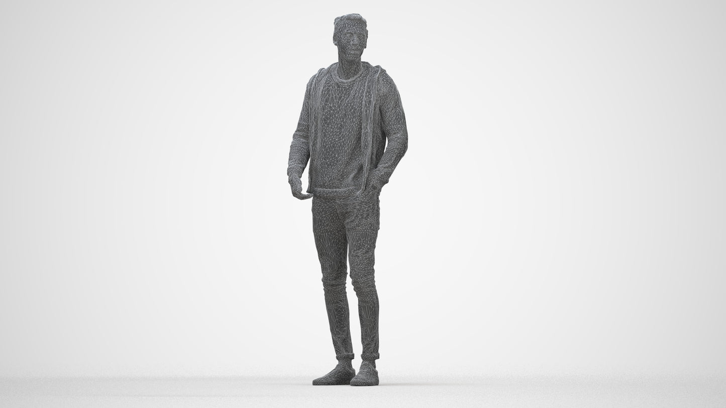 realistic 3D people man casual standing, render-ready for V-Ray and Corona, FBX OBJ, wireframe back view