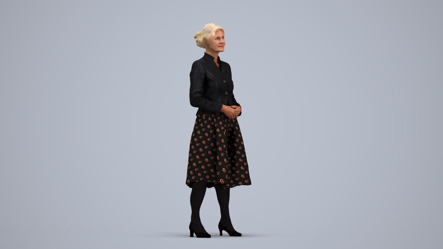 realistic 3D senior woman business standing, scanned archviz people for Blender and 3ds Max, standing pose render