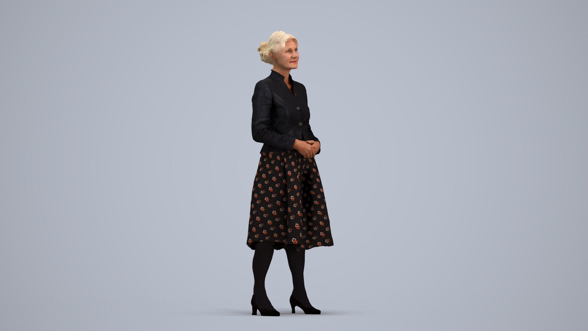 realistic 3D senior woman business standing, scanned archviz people for Blender and 3ds Max, standing pose render
