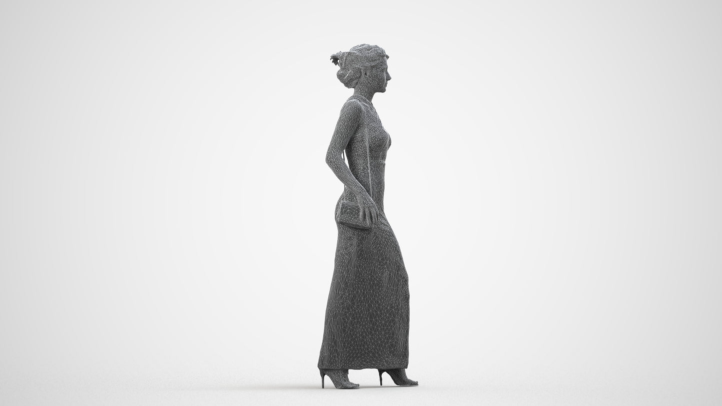 3D human model woman formal formalaffairs, photogrammetry scanned person for archviz, wireframe side view