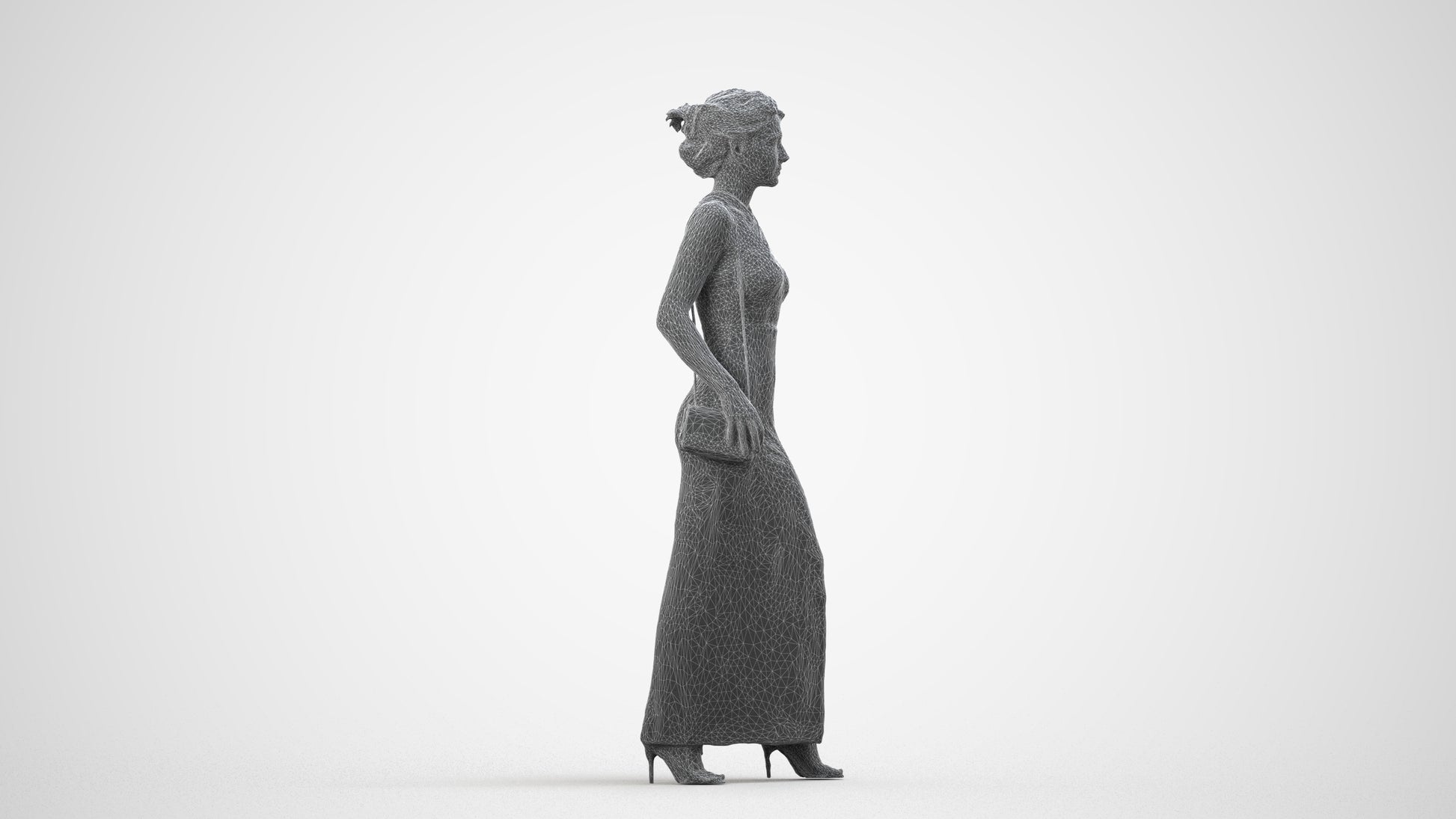 3D human model woman formal formalaffairs, photogrammetry scanned person for archviz, wireframe side view