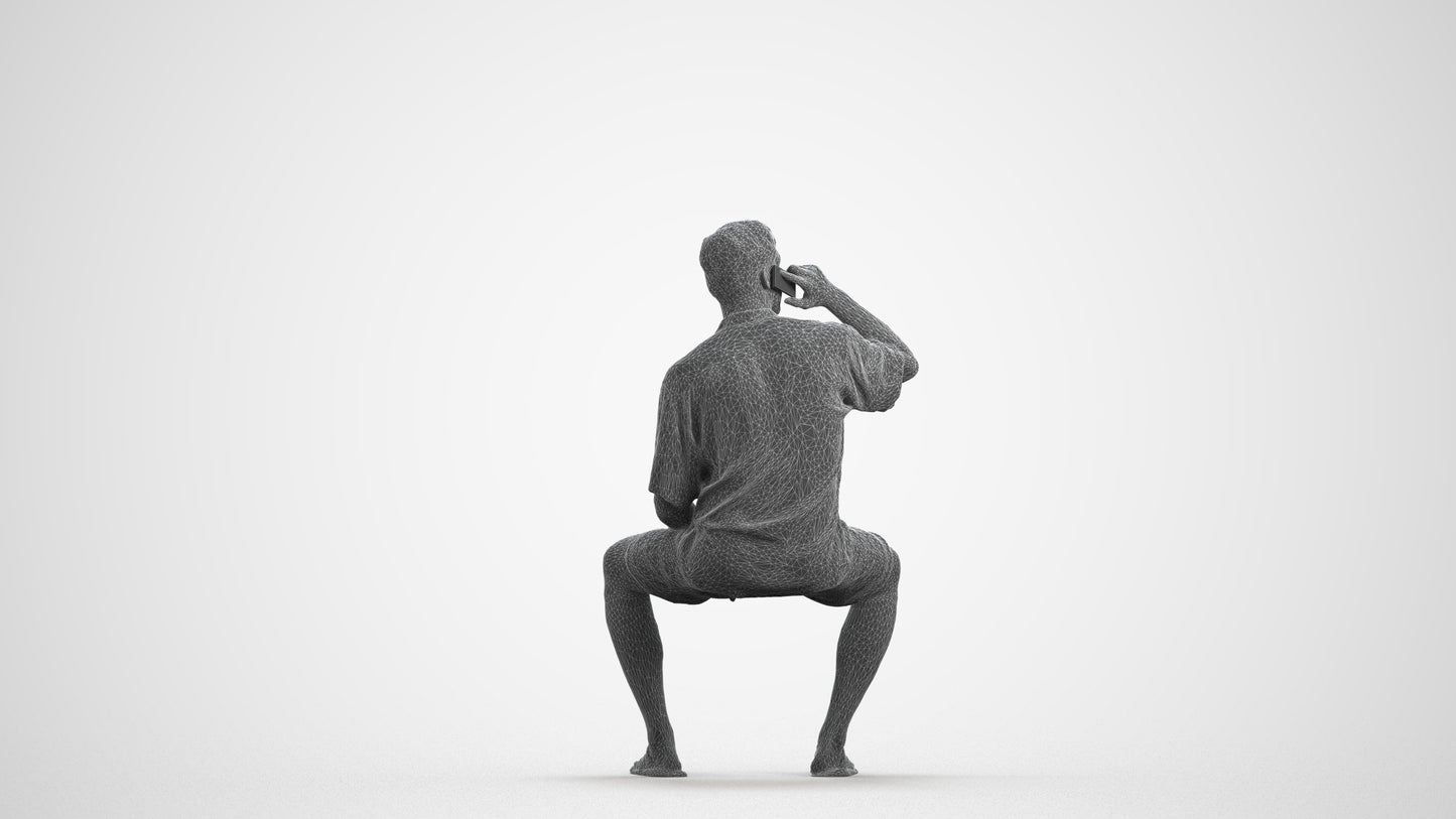 scanned 3D man casual sitting, photogrammetry people for Enscape and V-Ray, wireframe front view