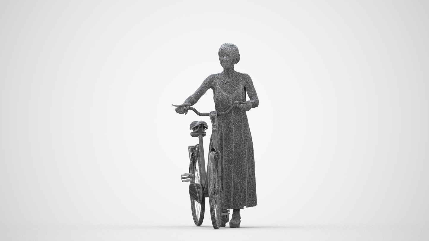 scanned 3D senior woman cycling, photogrammetry people for Enscape and V-Ray, wireframe back view