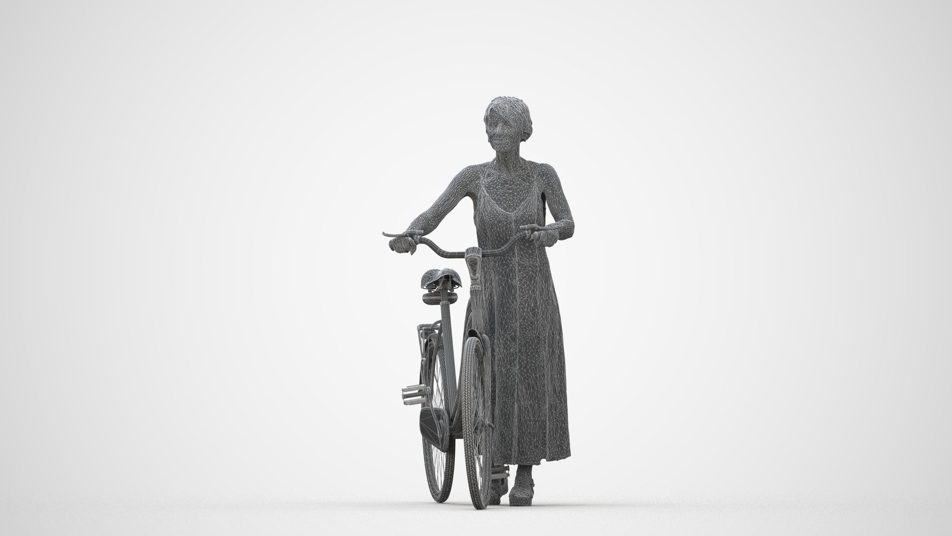 scanned 3D senior woman cycling, photogrammetry people for Enscape and V-Ray, wireframe back view