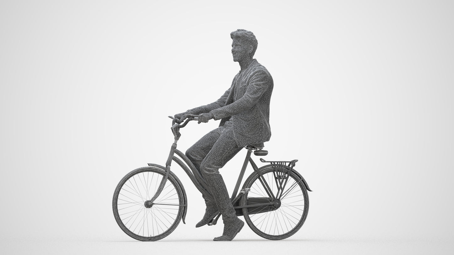 realistic 3D man casual cycling, scanned archviz people for Blender and 3ds Max, wireframe back view