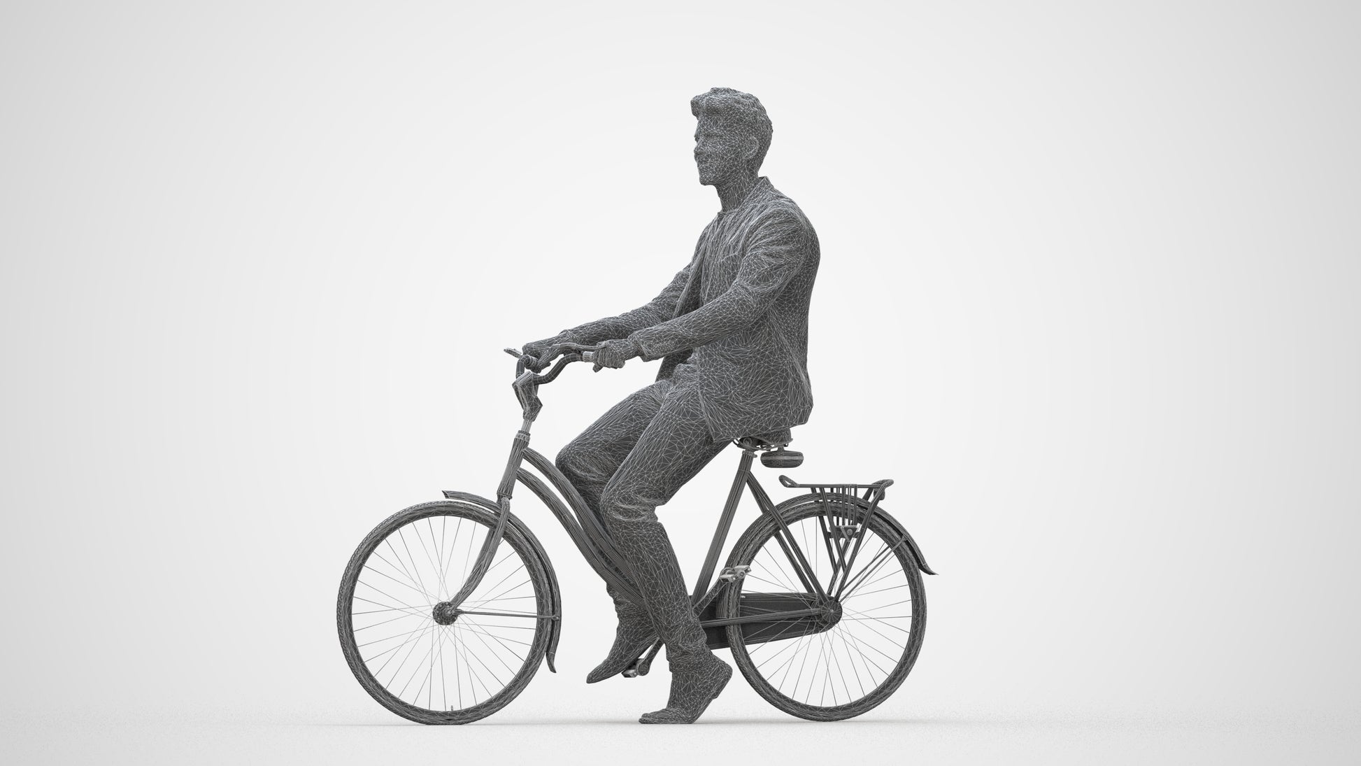 realistic 3D man casual cycling, scanned archviz people for Blender and 3ds Max, wireframe back view
