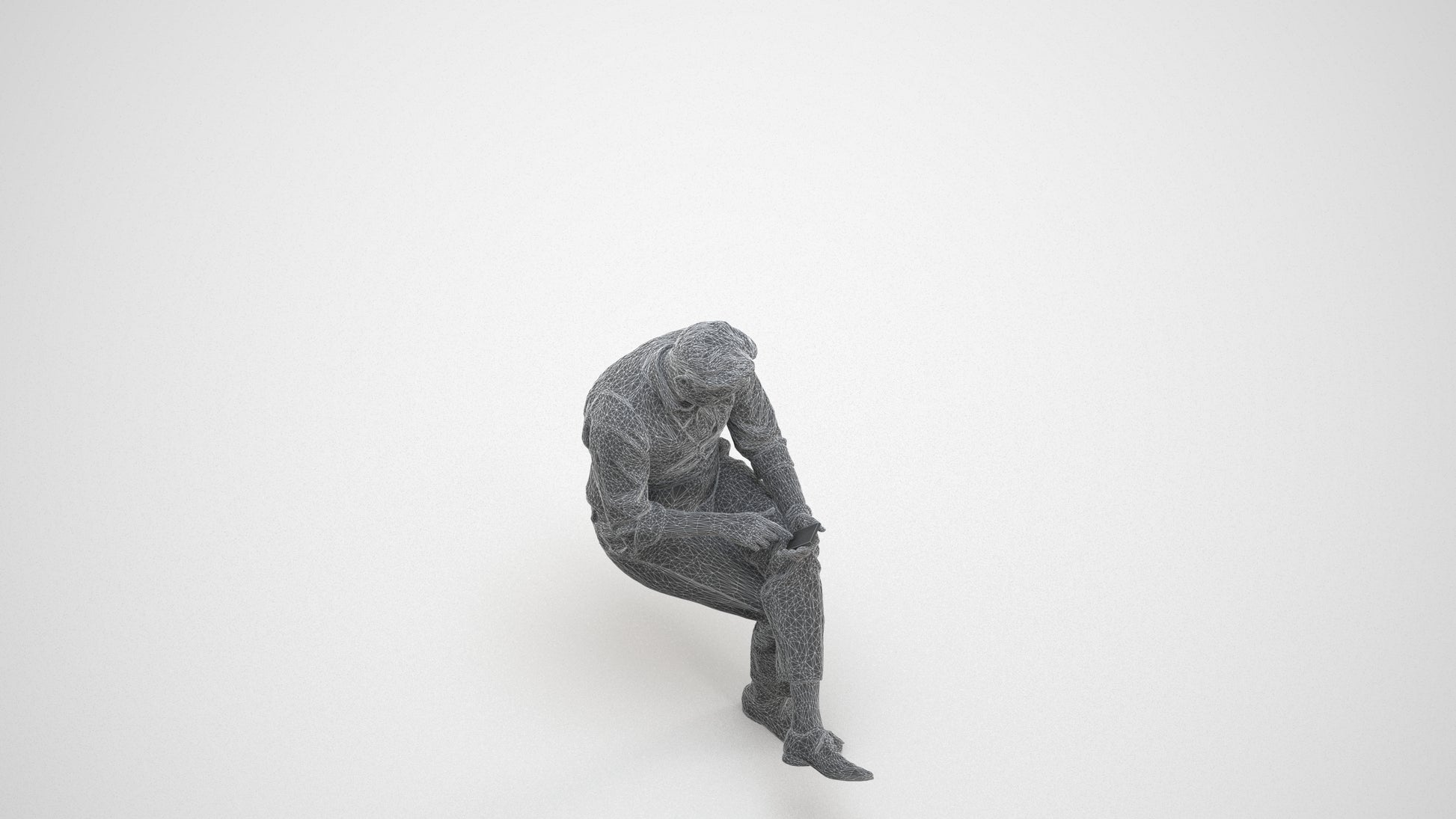 photogrammetry 3D man business sitting, realistic human model archviz FBX, wireframe three-quarter view