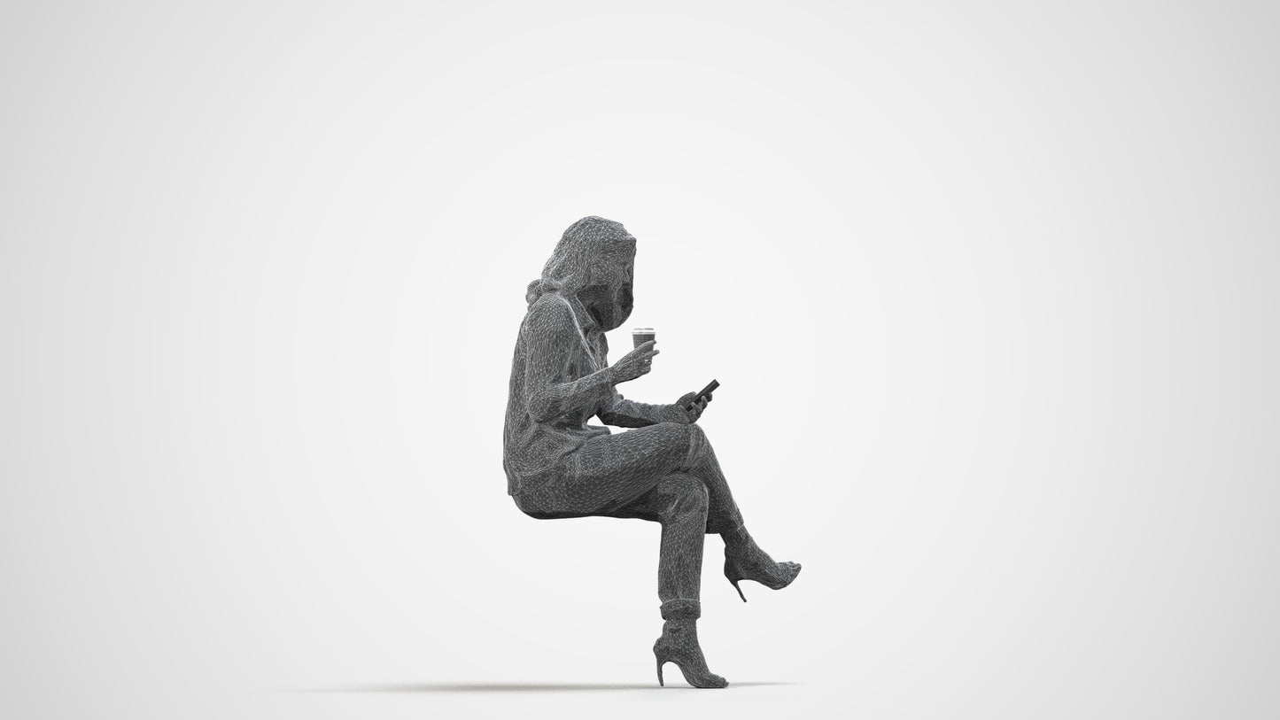 scanned 3D woman casual sitting, photogrammetry people for Enscape and V-Ray, wireframe side view