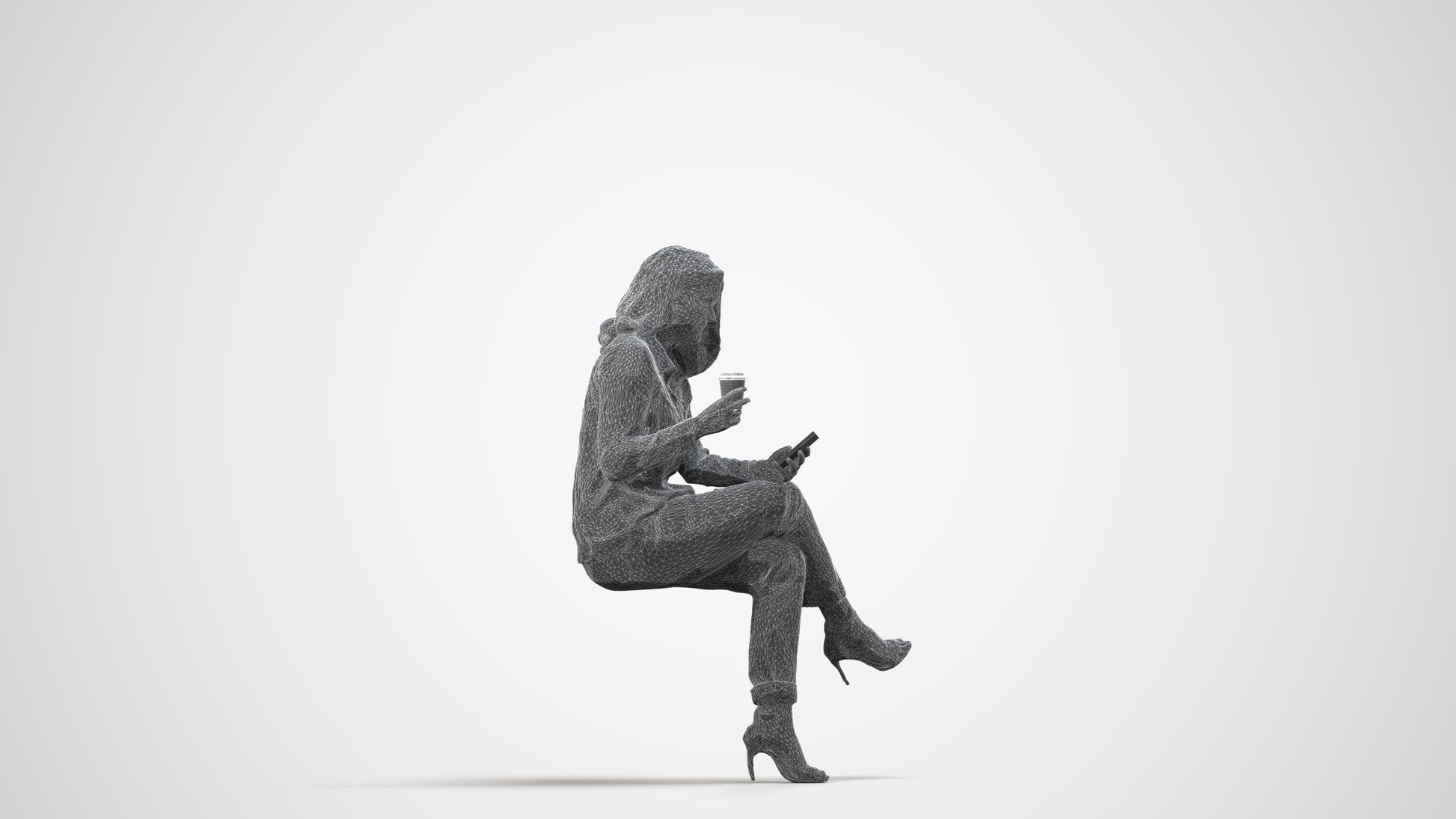 scanned 3D woman casual sitting, photogrammetry people for Enscape and V-Ray, wireframe side view