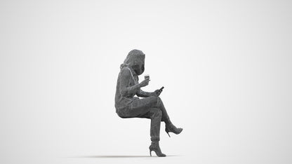 scanned 3D woman casual sitting, photogrammetry people for Enscape and V-Ray, wireframe side view