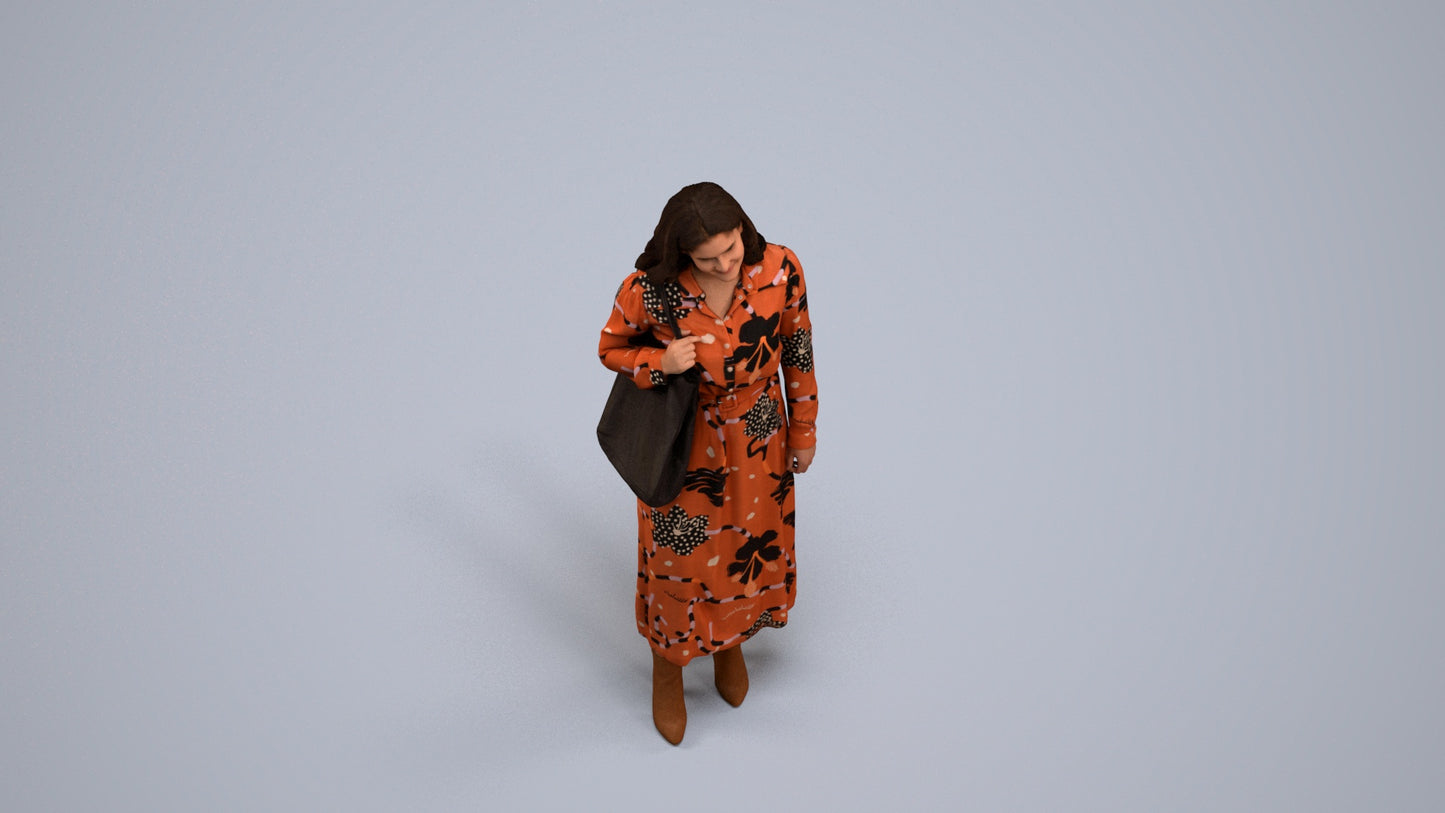 realistic 3D human woman casual standing, archviz people FBX OBJ for Blender, back view render