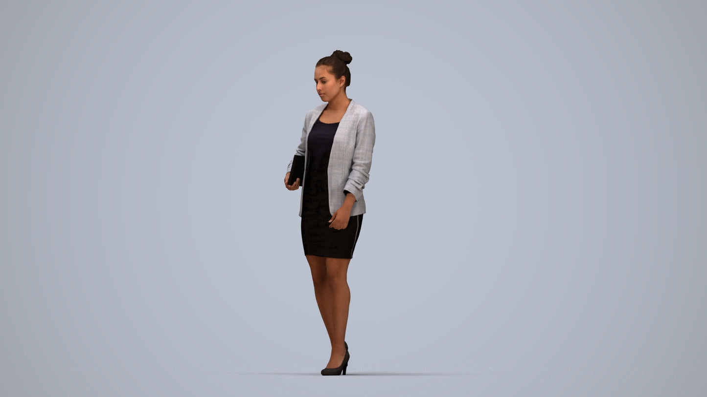 3D human model woman business, photogrammetry scanned person for archviz, top-down view render