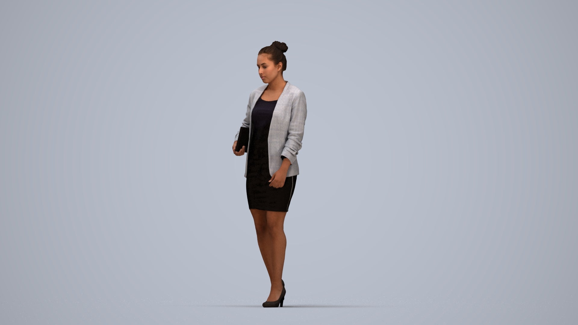 3D human model woman business, photogrammetry scanned person for archviz, top-down view render