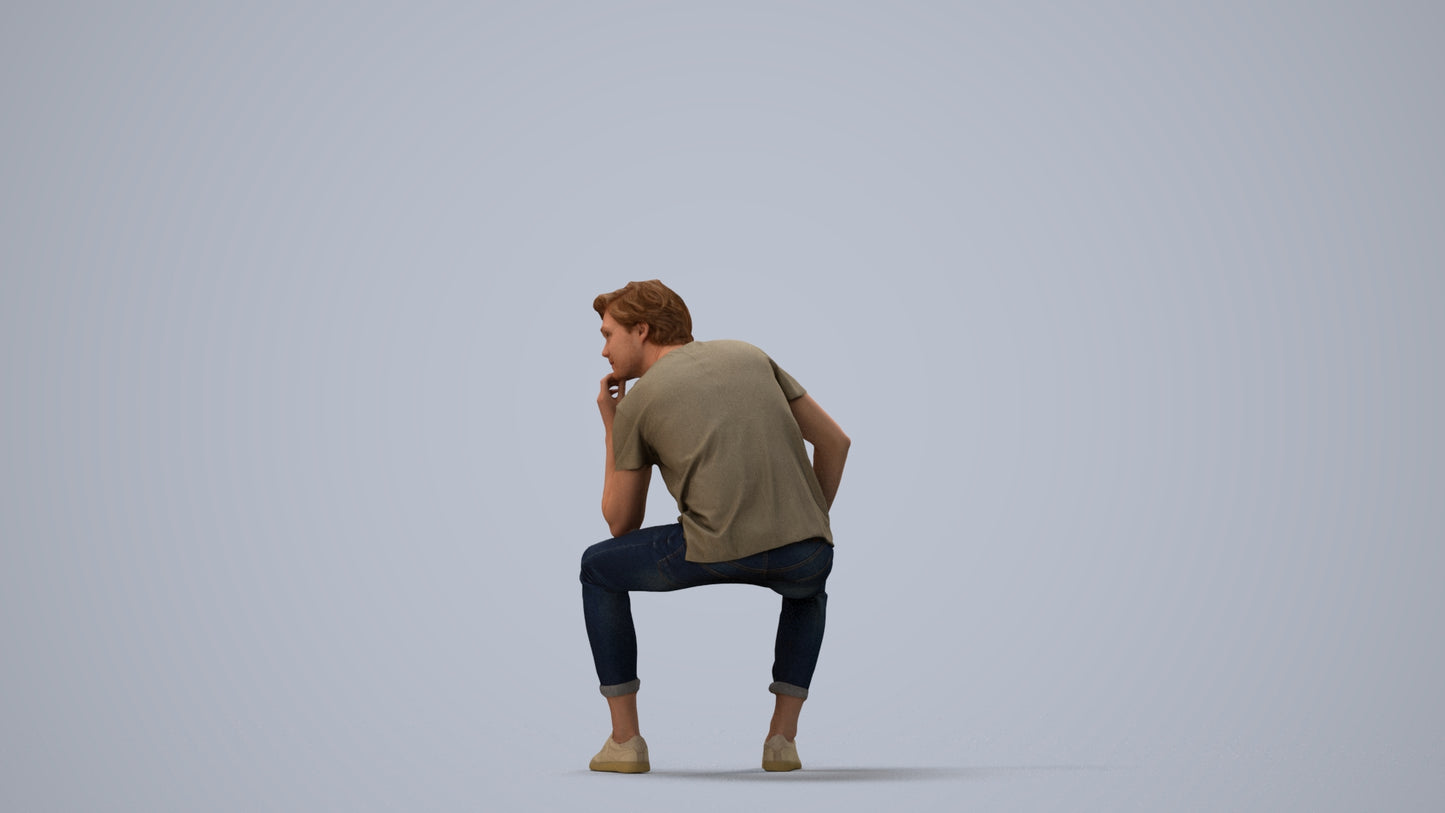 3D scanned man sitting casual, photorealistic archviz people for Enscape and SketchUp, three-quarter view render