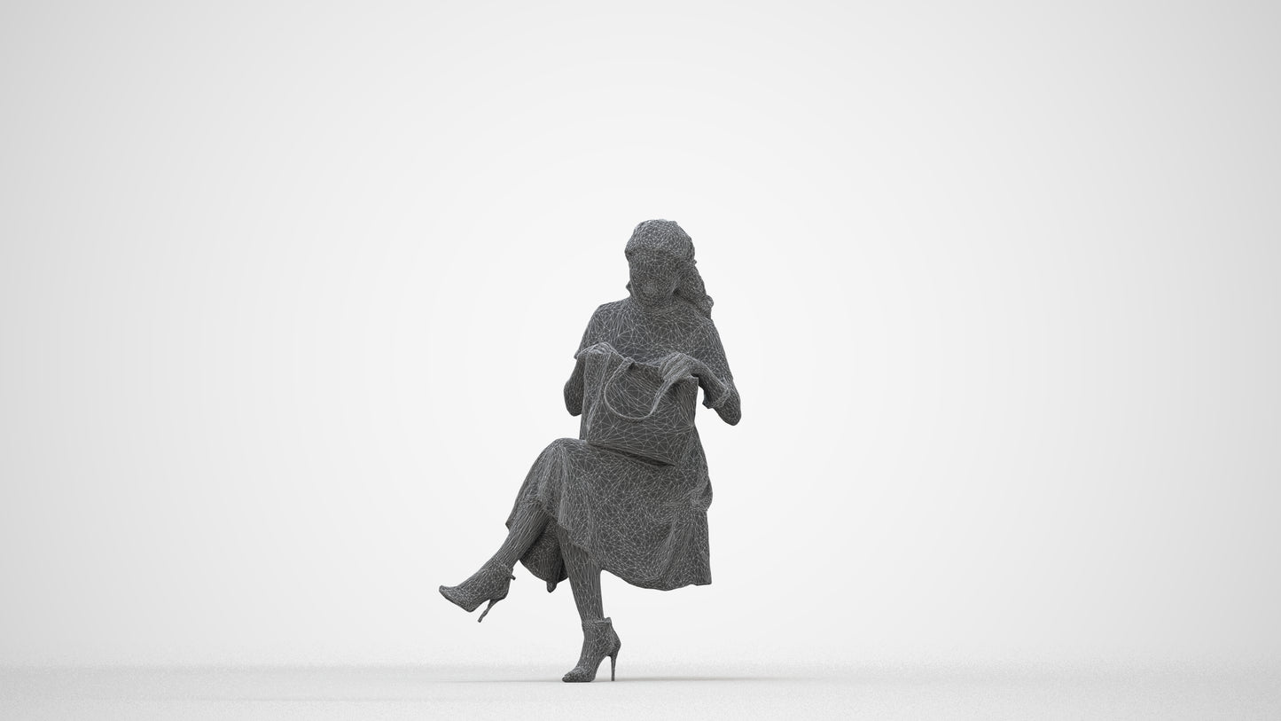 3D people model woman casual sitting, scanned human for 3ds Max rendering, wireframe back view