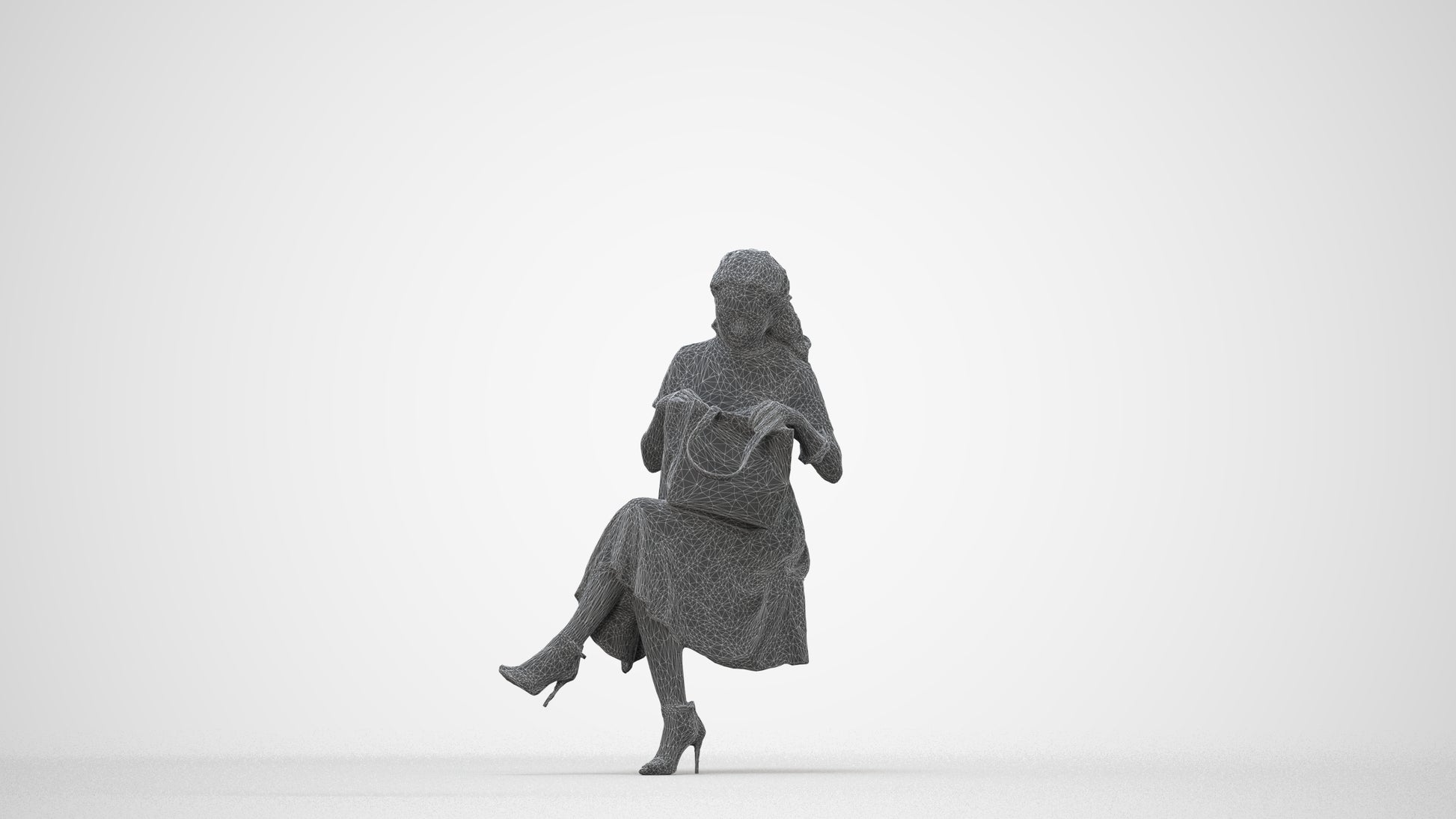 3D people model woman casual sitting, scanned human for 3ds Max rendering, wireframe back view