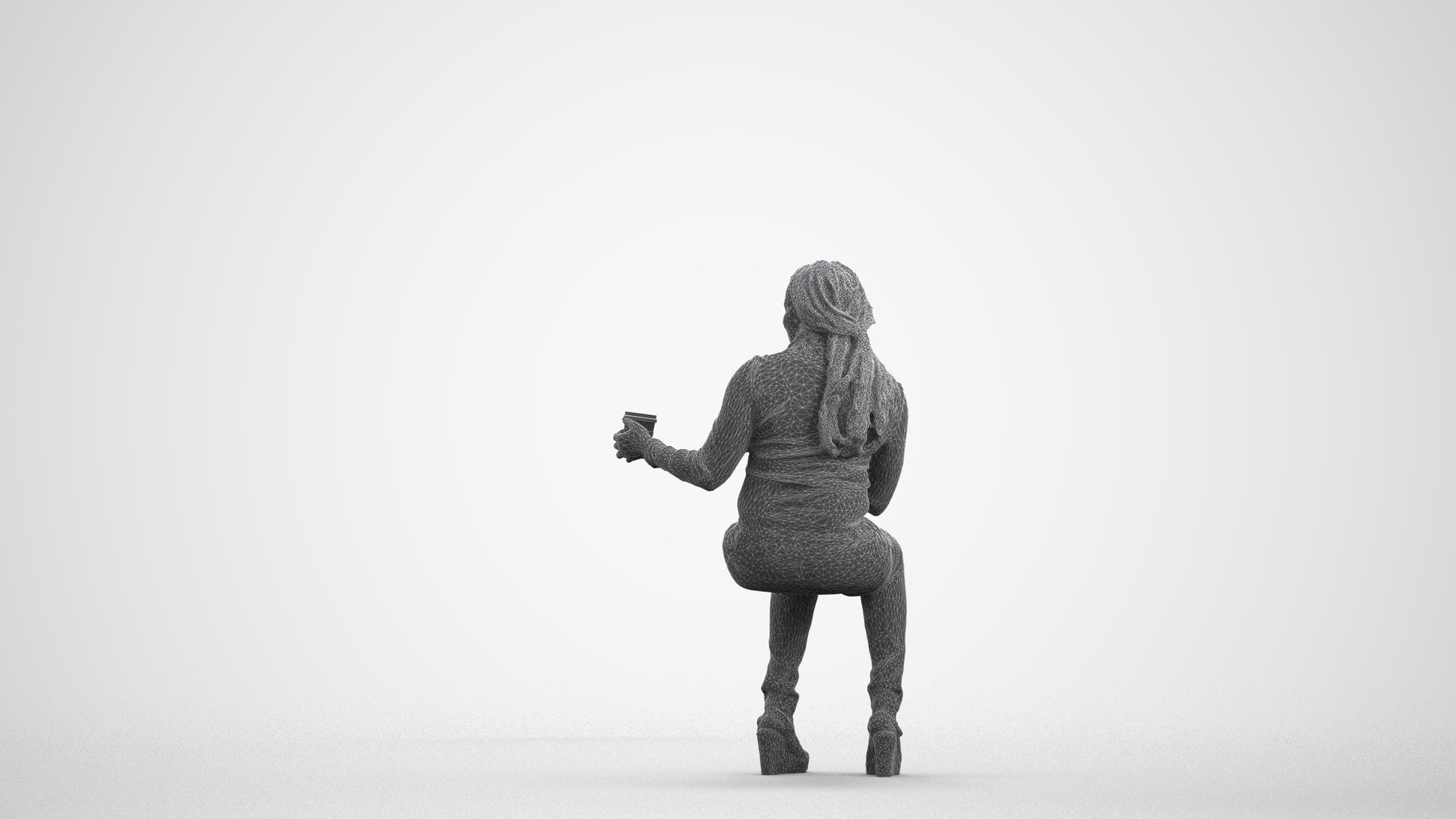 realistic 3D woman casual sitting, scanned archviz people for Blender and 3ds Max, wireframe front view
