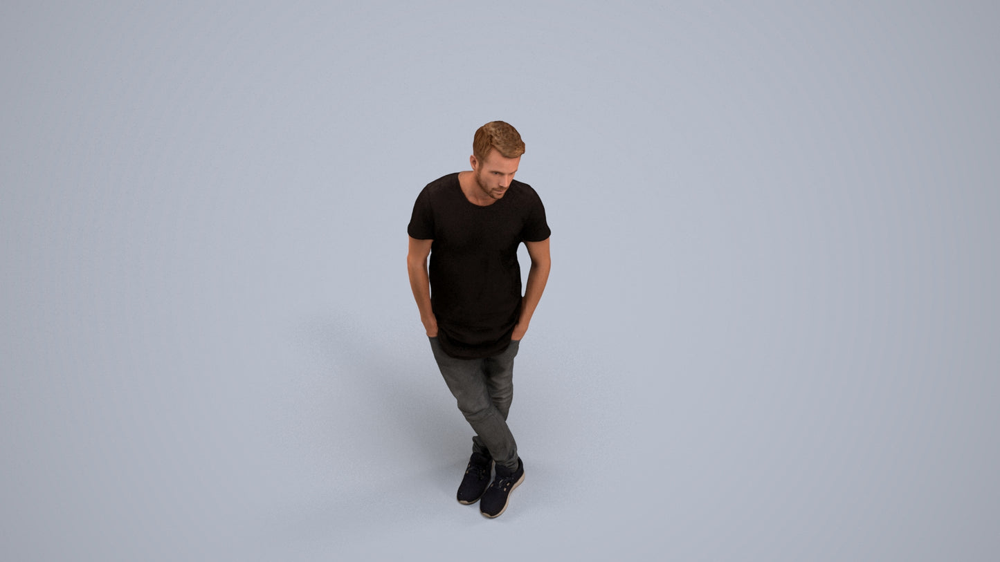 realistic 3D human man casual standing, archviz people FBX OBJ for Blender, back view render