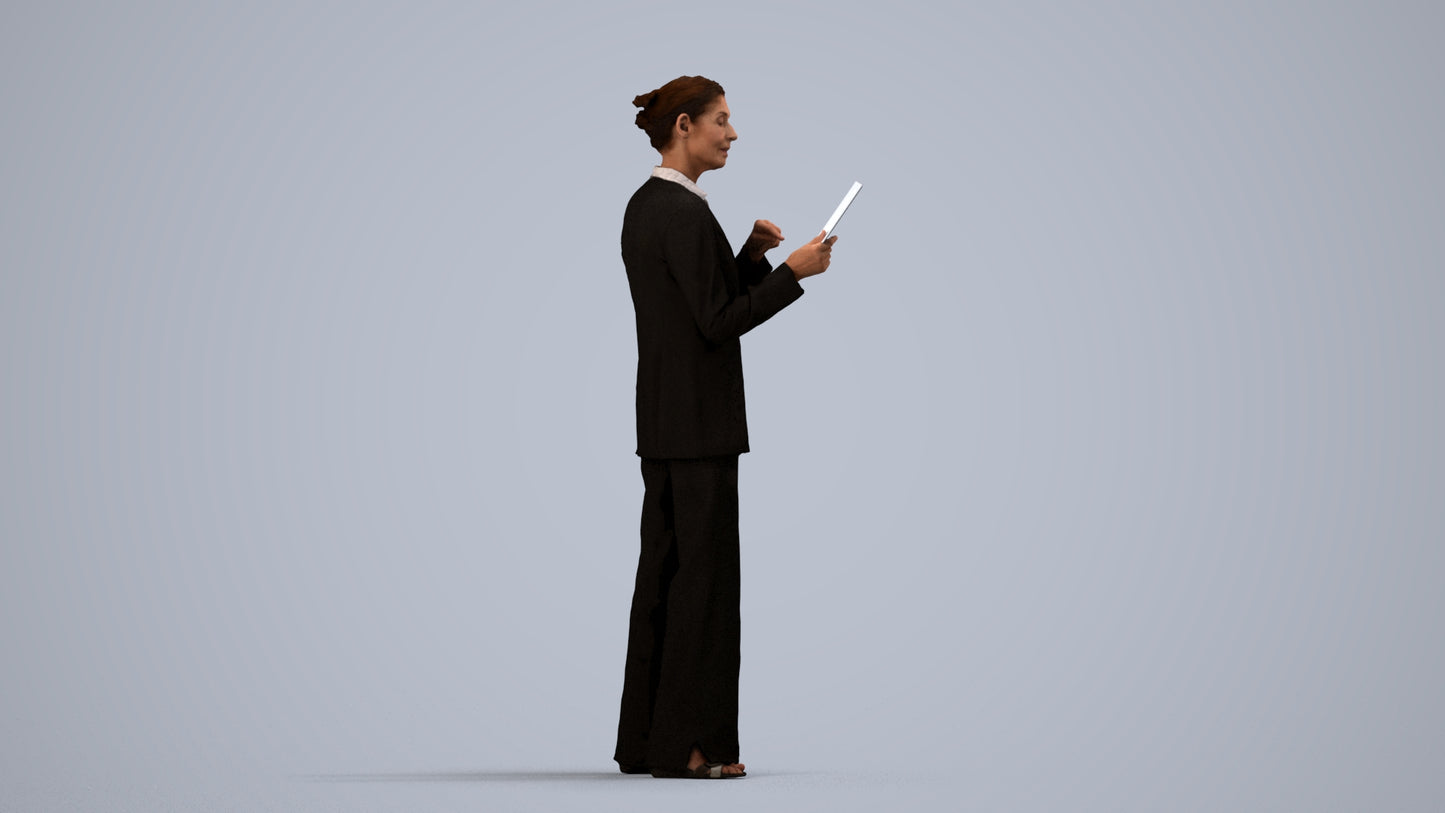 3D scanned senior woman business, photorealistic archviz people for Enscape and SketchUp, side view render