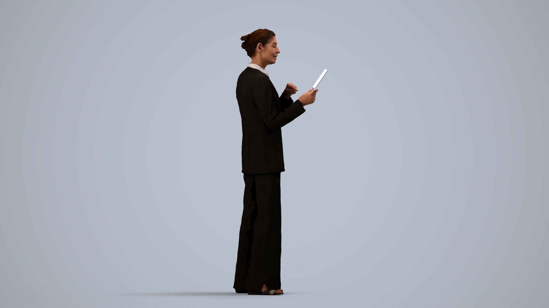 3D scanned senior woman business, photorealistic archviz people for Enscape and SketchUp, side view render