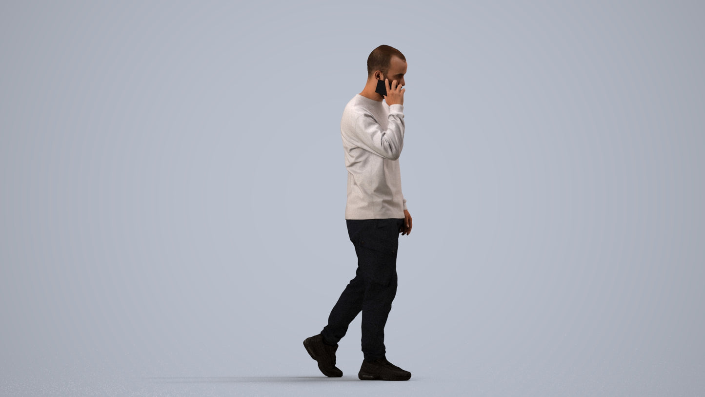 3D scanned man walking casual, photorealistic archviz people for Enscape and SketchUp, side view render