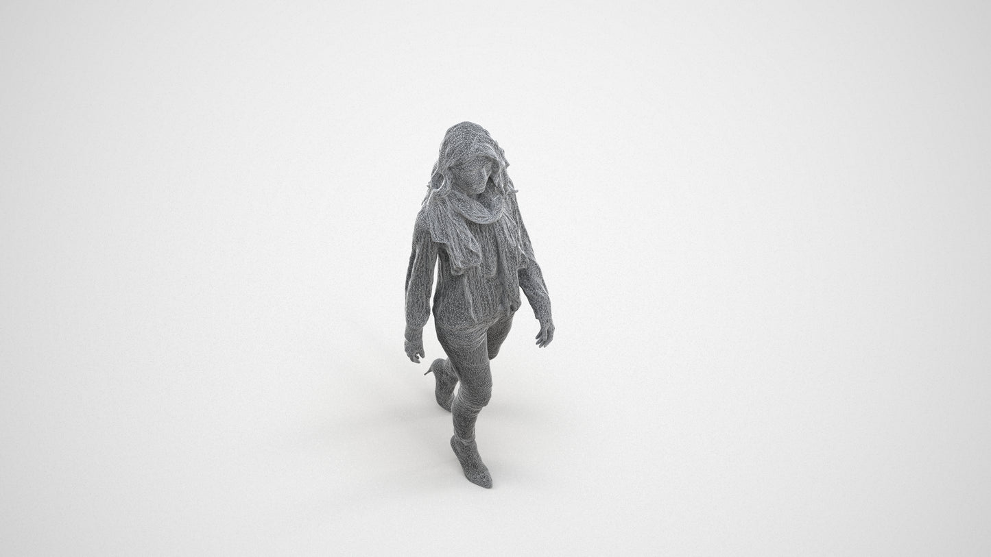 3D people model woman casual standing, scanned human for 3ds Max rendering, wireframe three-quarter view