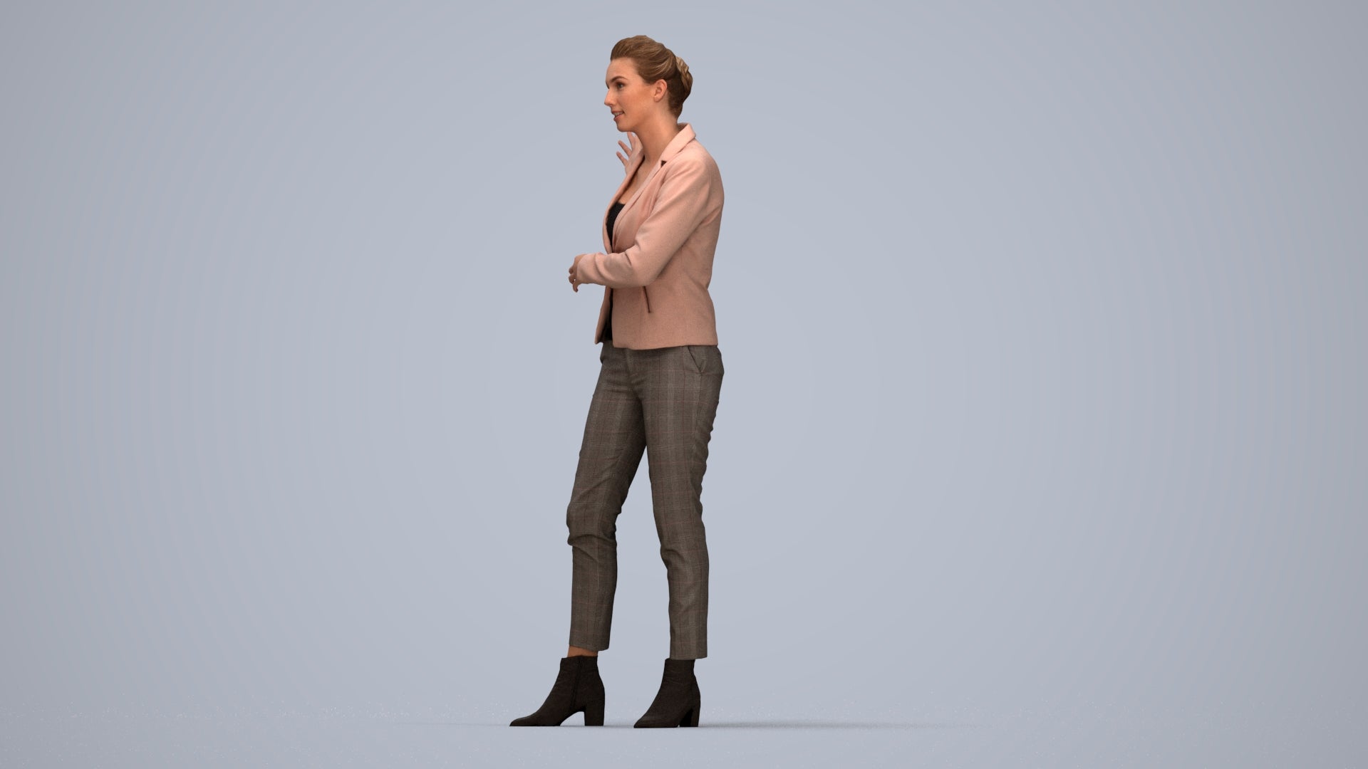 photogrammetry 3D woman business standing, realistic human model archviz FBX, top-down view render