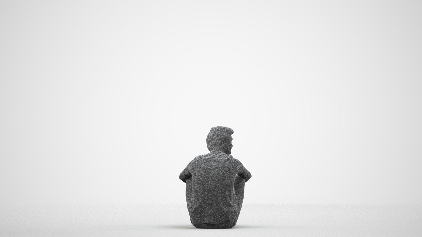 3D human model man casual pool, photogrammetry scanned person for archviz, wireframe side view