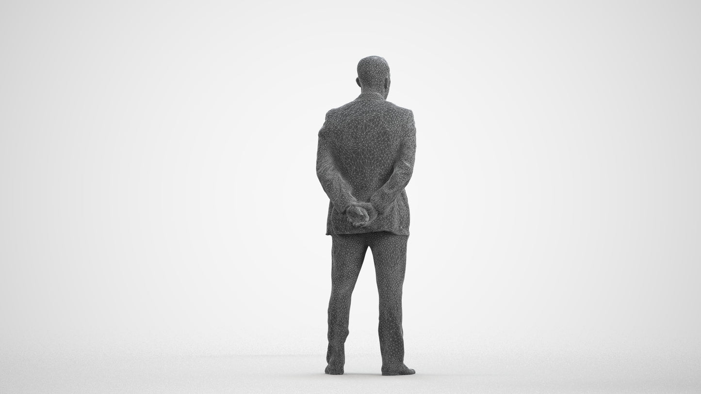 3D scanned man business, photorealistic archviz people for Enscape and SketchUp, wireframe front view