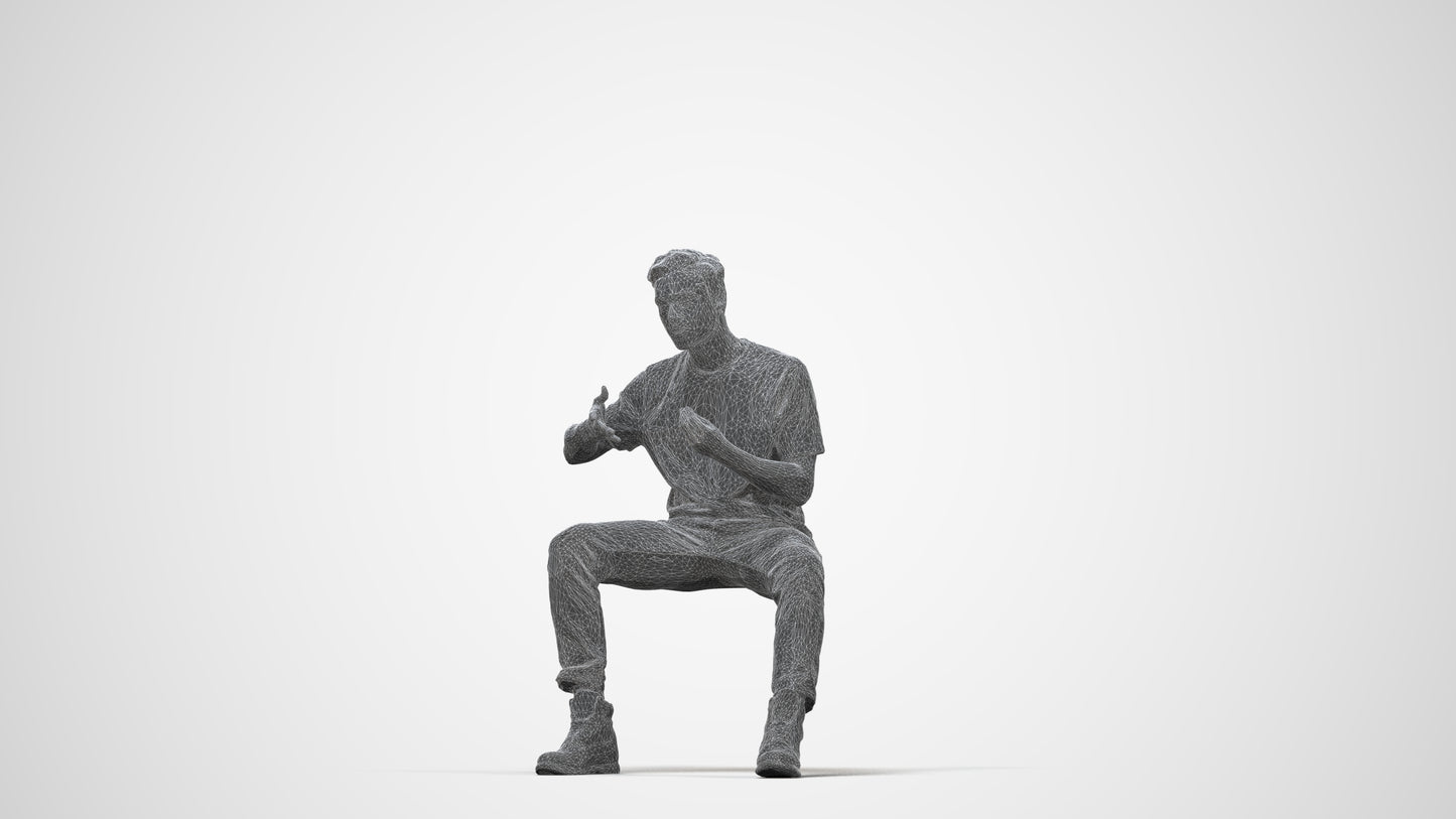 realistic 3D man casual sitting, scanned archviz people for Blender and 3ds Max, wireframe back view