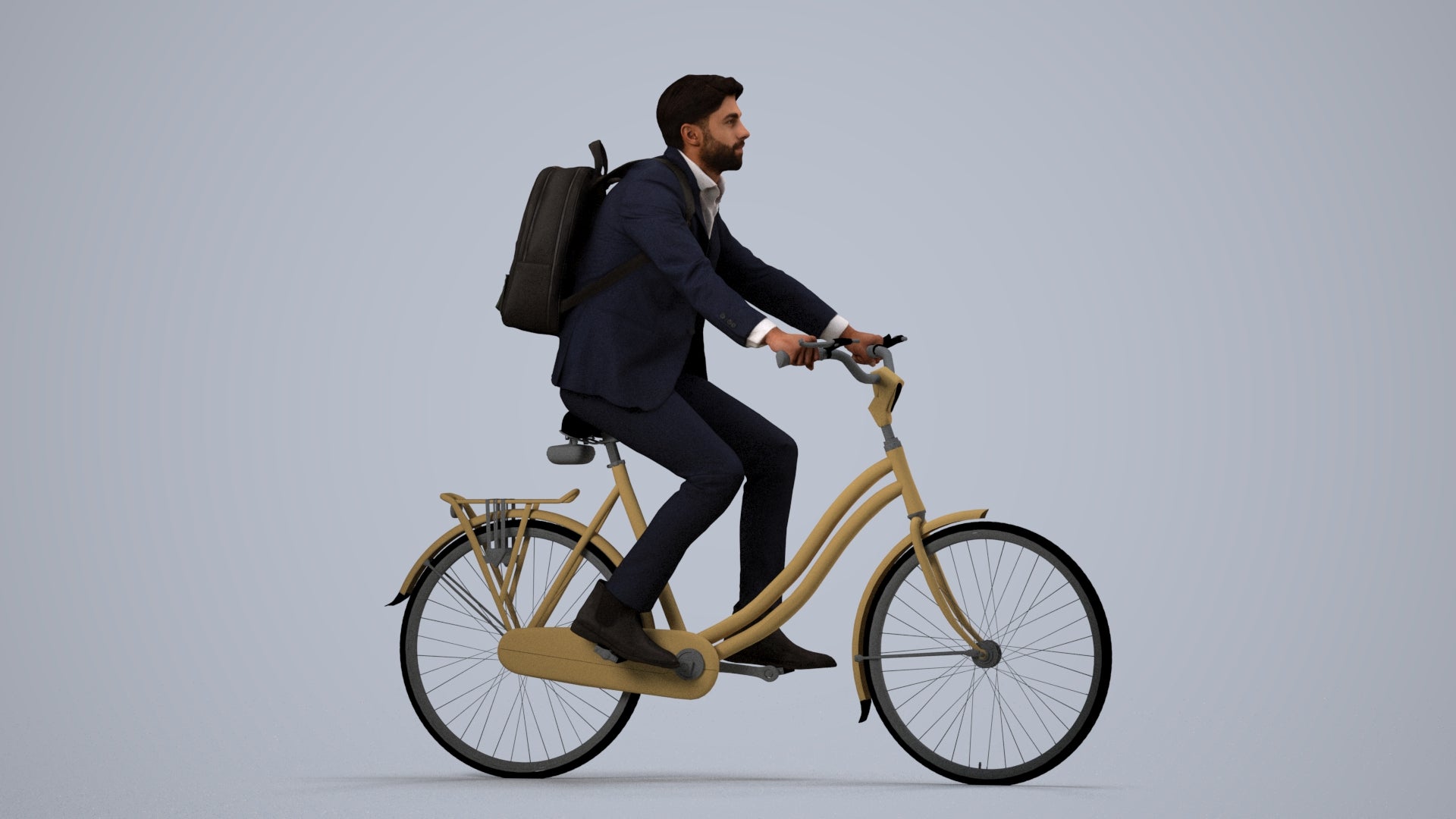 3D scanned man cycling business, photorealistic archviz people for Enscape and SketchUp, side view render