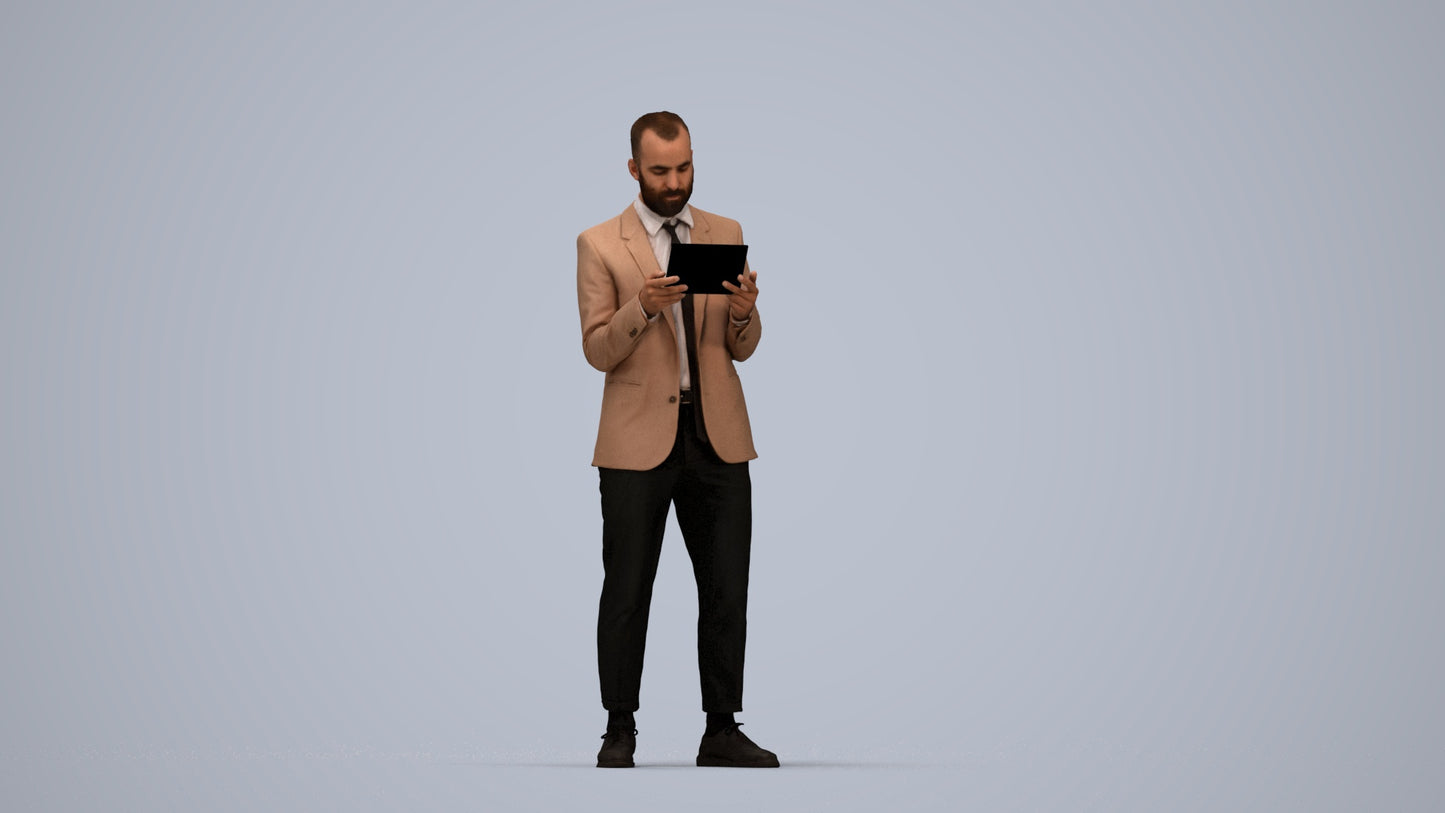 realistic 3D man business standing, scanned archviz people for Blender and 3ds Max, top-down view render