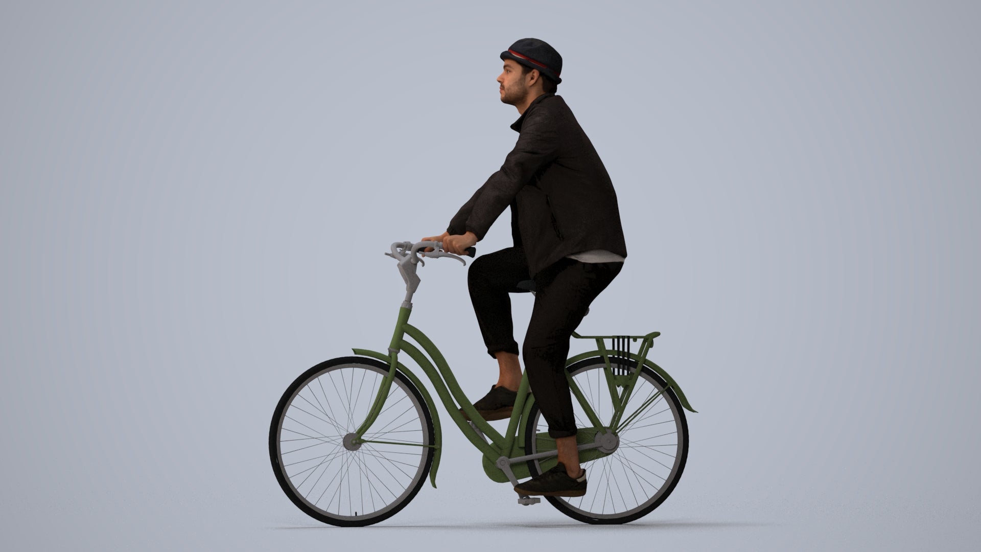 3D scanned man cycling casual, photorealistic archviz people for Enscape and SketchUp, three-quarter view render