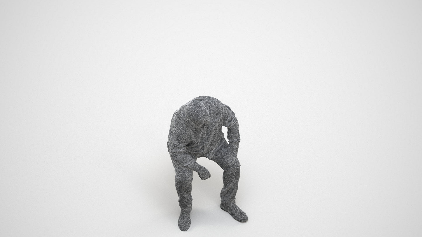realistic 3D people senior man casual sitting, render-ready for V-Ray and Corona, FBX OBJ, wireframe three-quarter view