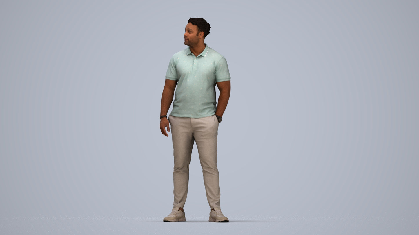 3D human model man casual standing, photogrammetry scanned person for archviz, top-down view render