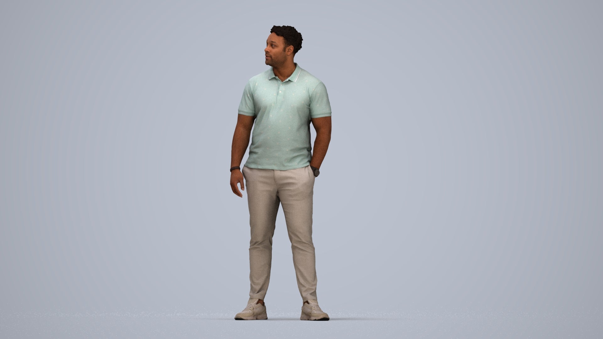 3D human model man casual standing, photogrammetry scanned person for archviz, top-down view render