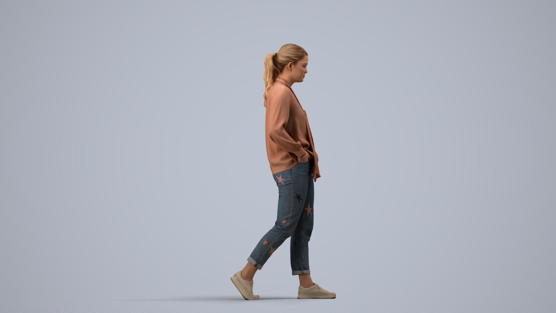 photogrammetry 3D woman casual walking, realistic human model archviz FBX, side view render
