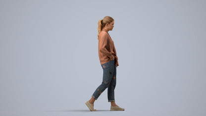 photogrammetry 3D woman casual walking, realistic human model archviz FBX, side view render