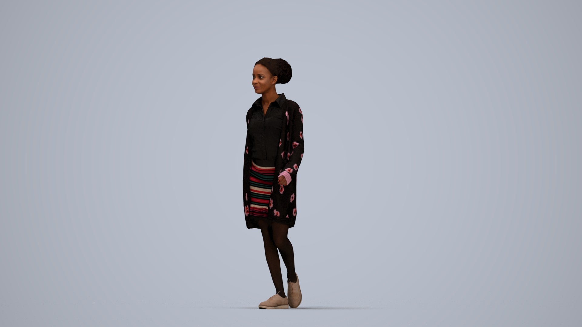 3D scanned woman walking casual, photorealistic archviz people for Enscape and SketchUp, top-down view render