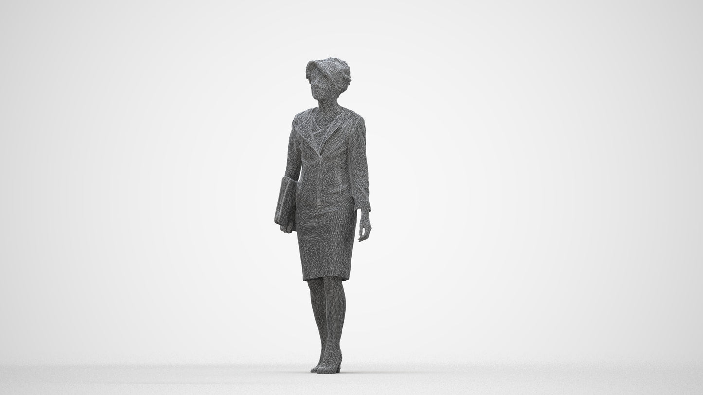 3D scanned woman walking business, photorealistic archviz people for Enscape and SketchUp, wireframe back view