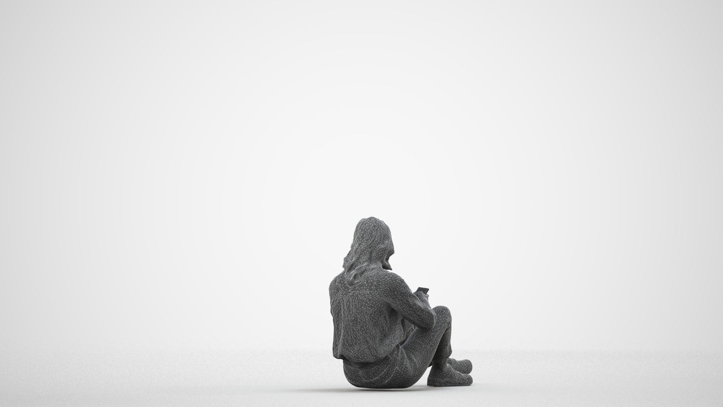 3D people model woman casual sitting, scanned human for 3ds Max rendering, wireframe side view