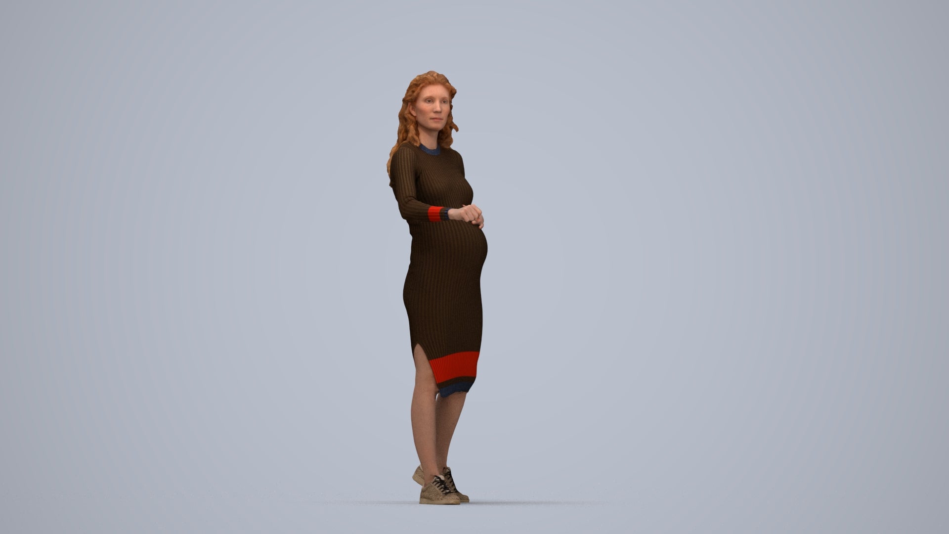 3D human model woman casual standing, photogrammetry scanned person for archviz, top-down view render