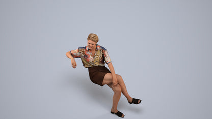 3D human model woman casual sitting, photogrammetry scanned person for archviz, back view render